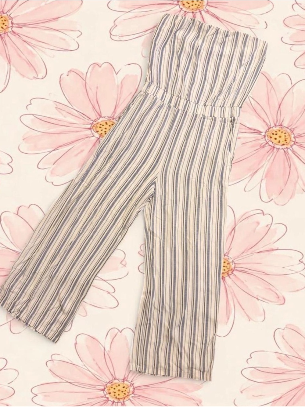 Striped Strapless Cropped Wide-Leg Jumpsuit - Blue & White